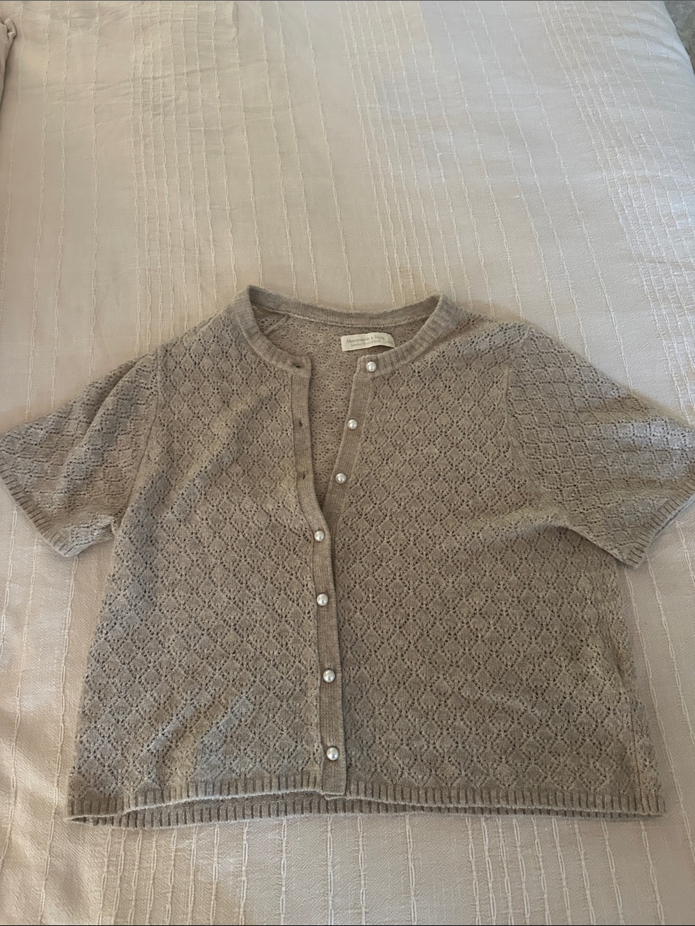 Abercrombie & Fitch Taupe Pointelle Short-Sleeve Cardigan